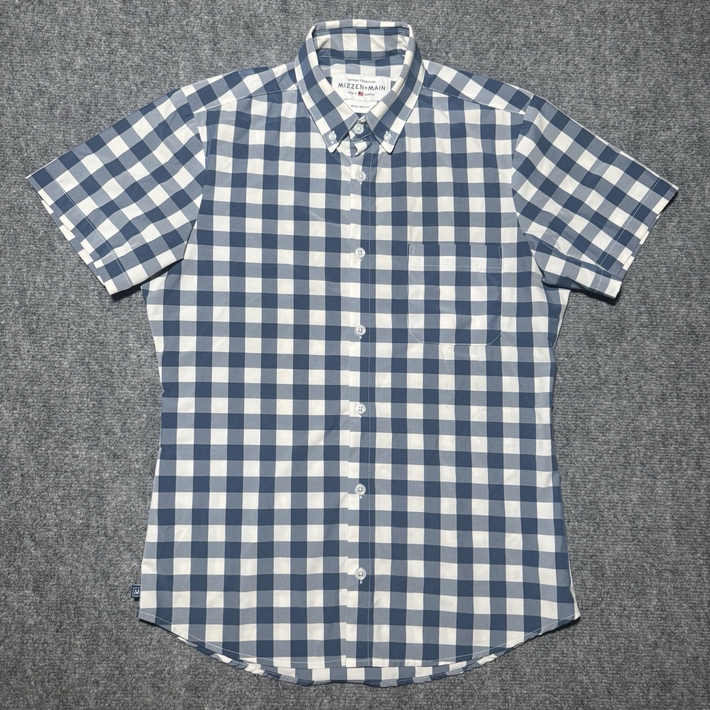 Mizzen+Main Leeward Button Down Men Small Trim Fit Blue White Plaid Performance
